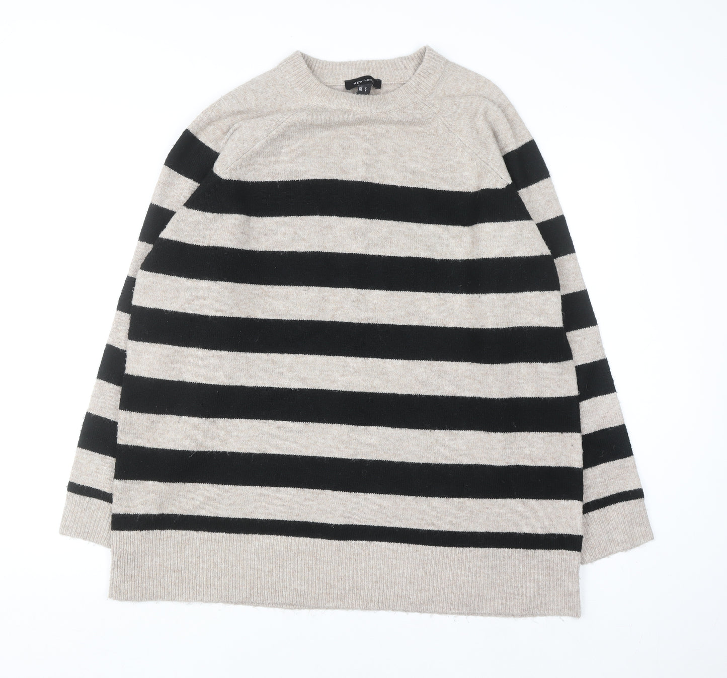 New Look Women Beige Black Striped Long Sleeve Pullover Jumper L