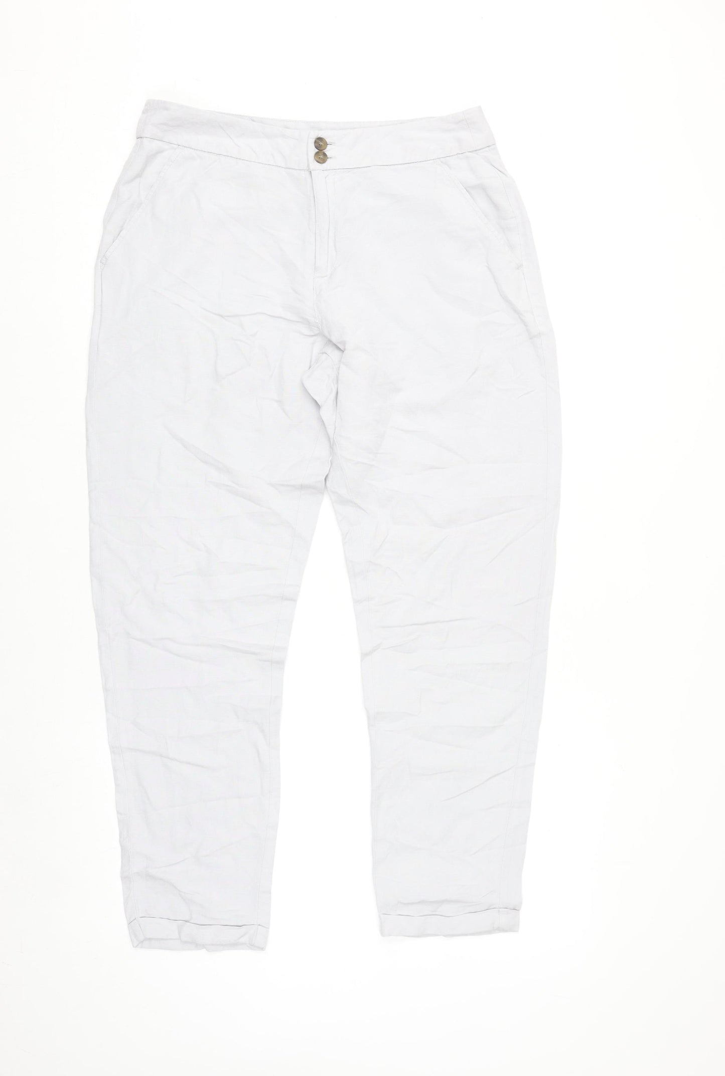Dunnes Women White Linen Blend Chino Trousers Size 10