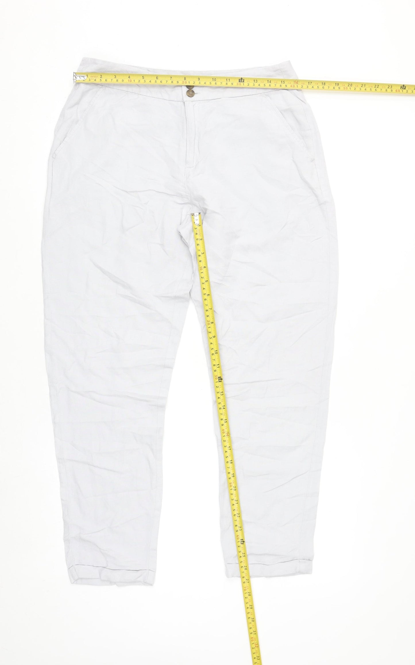 Dunnes Women White Linen Blend Chino Trousers Size 10