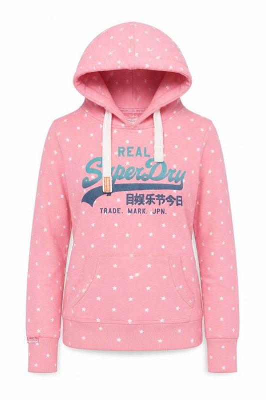 Front view of Superdry women’s pink star print pullover hoodie xs