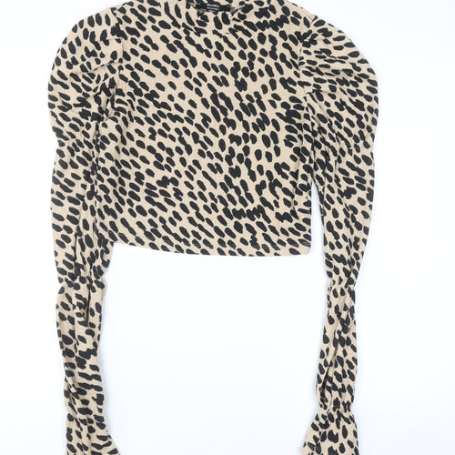 Bershka Women Beige Animal Print Cropped Long Sleeve Blouse Size 10