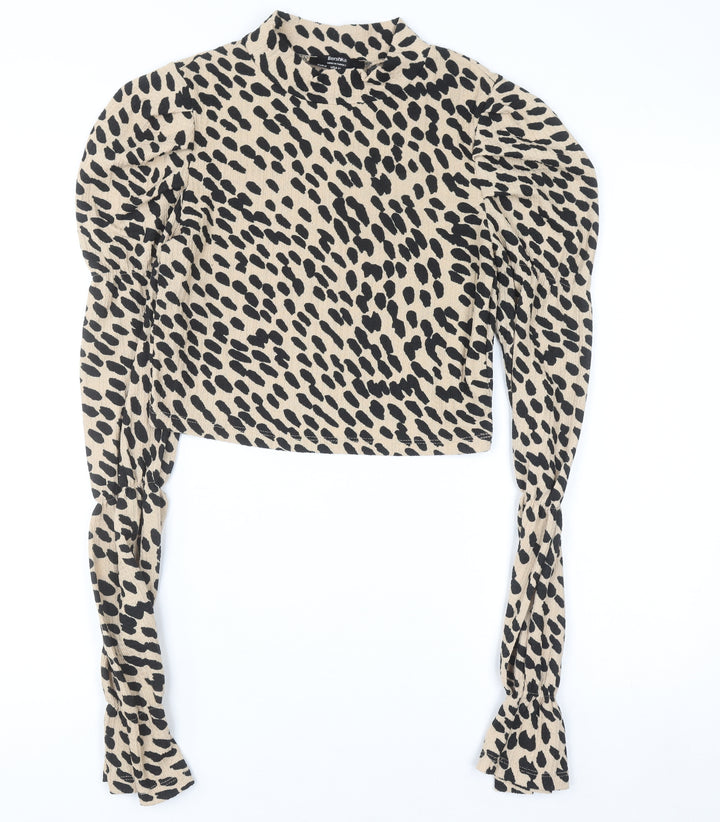 Bershka Women Beige Animal Print Cropped Long Sleeve Blouse Size 10
