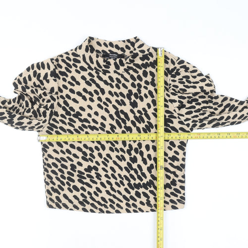 Bershka Women Beige Animal Print Cropped Long Sleeve Blouse Size 10