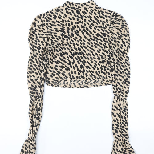 Bershka Women Beige Animal Print Cropped Long Sleeve Blouse Size 10