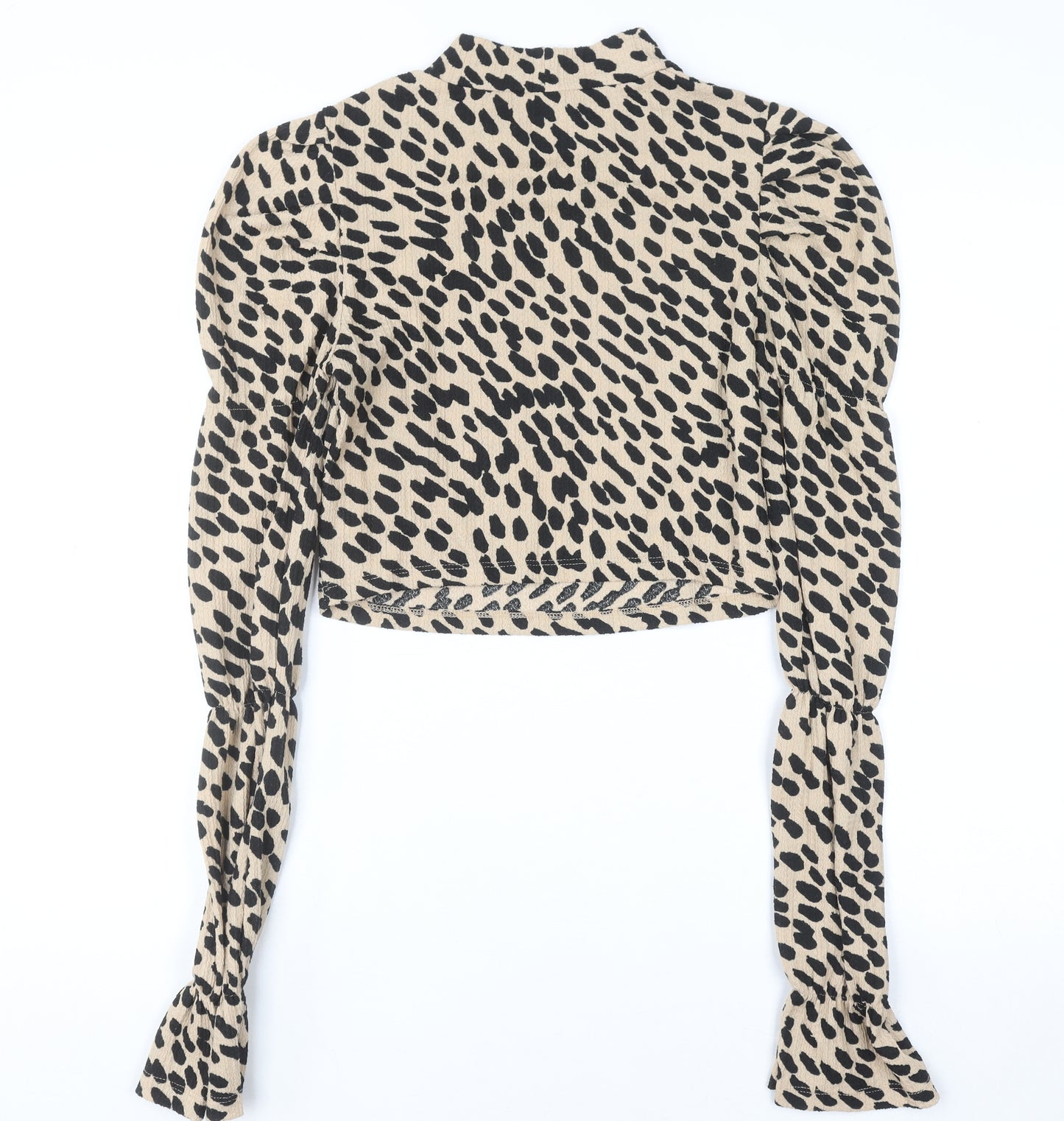 Bershka Women Beige Animal Print Cropped Long Sleeve Blouse Size 10