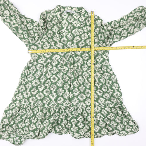 Zara Women Green Geometric Tunic Blouse Size 12 Cotton Ruffle