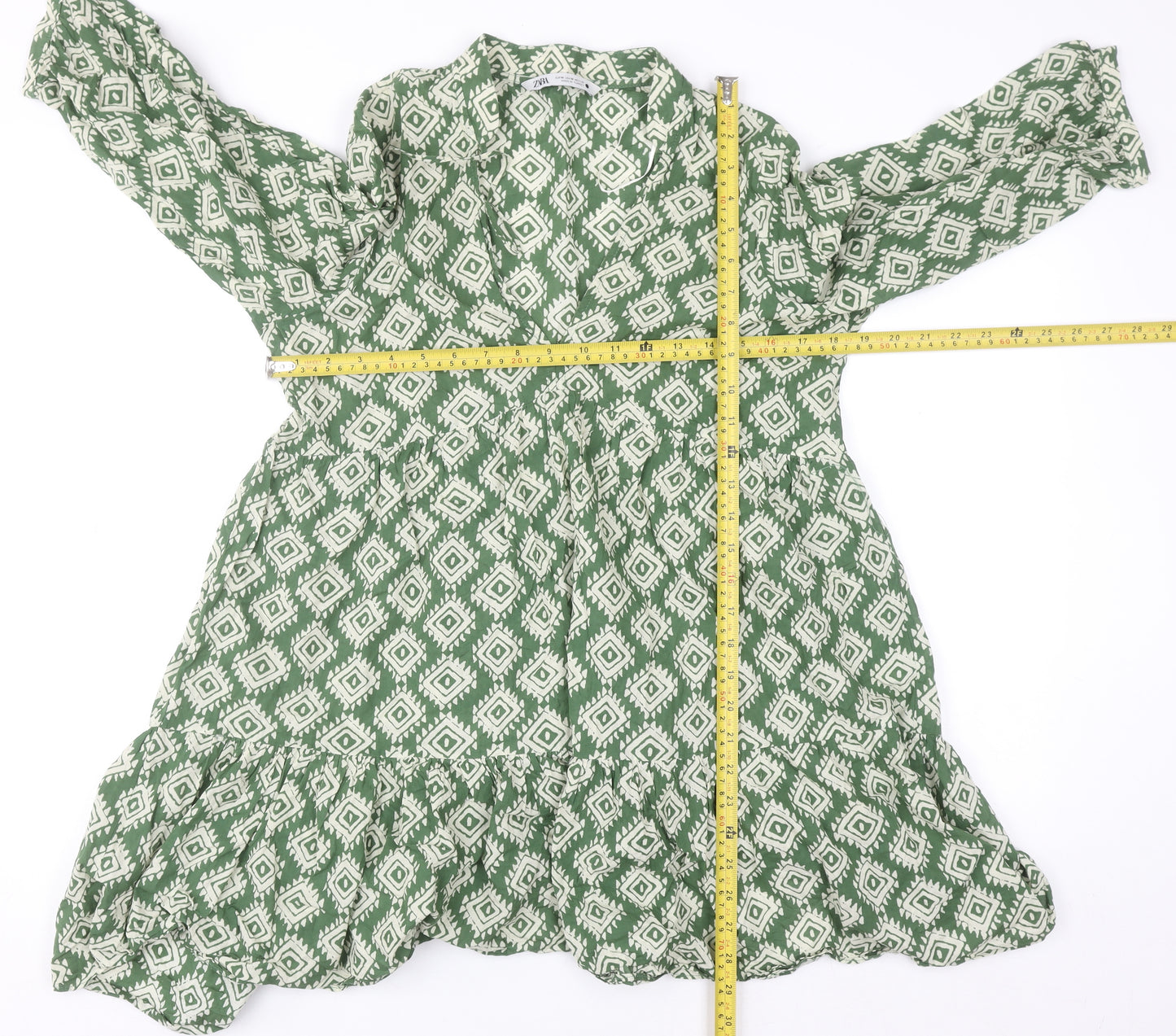 Zara Women Green Geometric Tunic Blouse Size 12 Cotton Ruffle