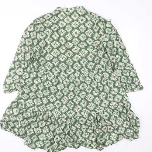 Zara Women Green Geometric Tunic Blouse Size 12 Cotton Ruffle