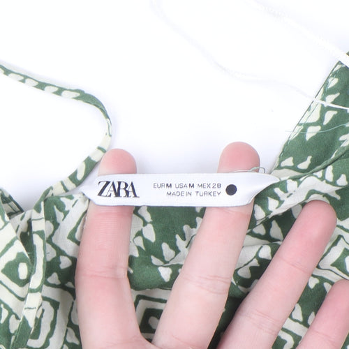 Zara Women Green Geometric Tunic Blouse Size 12 Cotton Ruffle