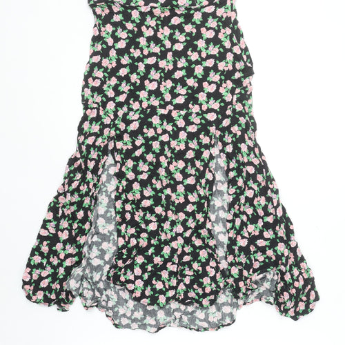 Zara Women Black Floral Flare Midi Skirt Size S Viscose