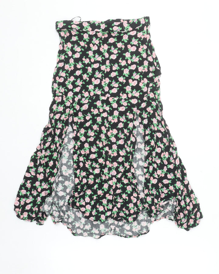 Zara Women Black Floral Flare Midi Skirt Size S Viscose