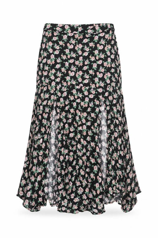 Front view of Zara Women Black Floral Flare Midi Skirt, size S, Viscose