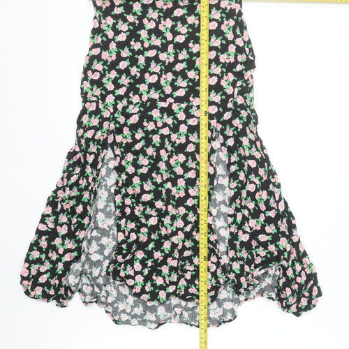 Zara Women Black Floral Flare Midi Skirt Size S Viscose