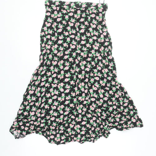 Zara Women Black Floral Flare Midi Skirt Size S Viscose