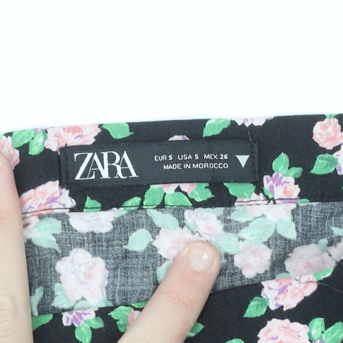 Zara Women Black Floral Flare Midi Skirt Size S Viscose