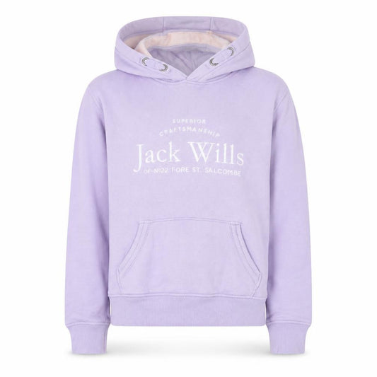 Front view of Jack Wills girls’ purple pullover hoodie 10-11 years logo cotton fleece