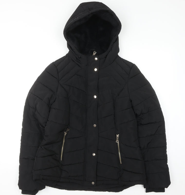 F&F Womens Black Hooded Puffer Jacket Size 12 Winter Coat