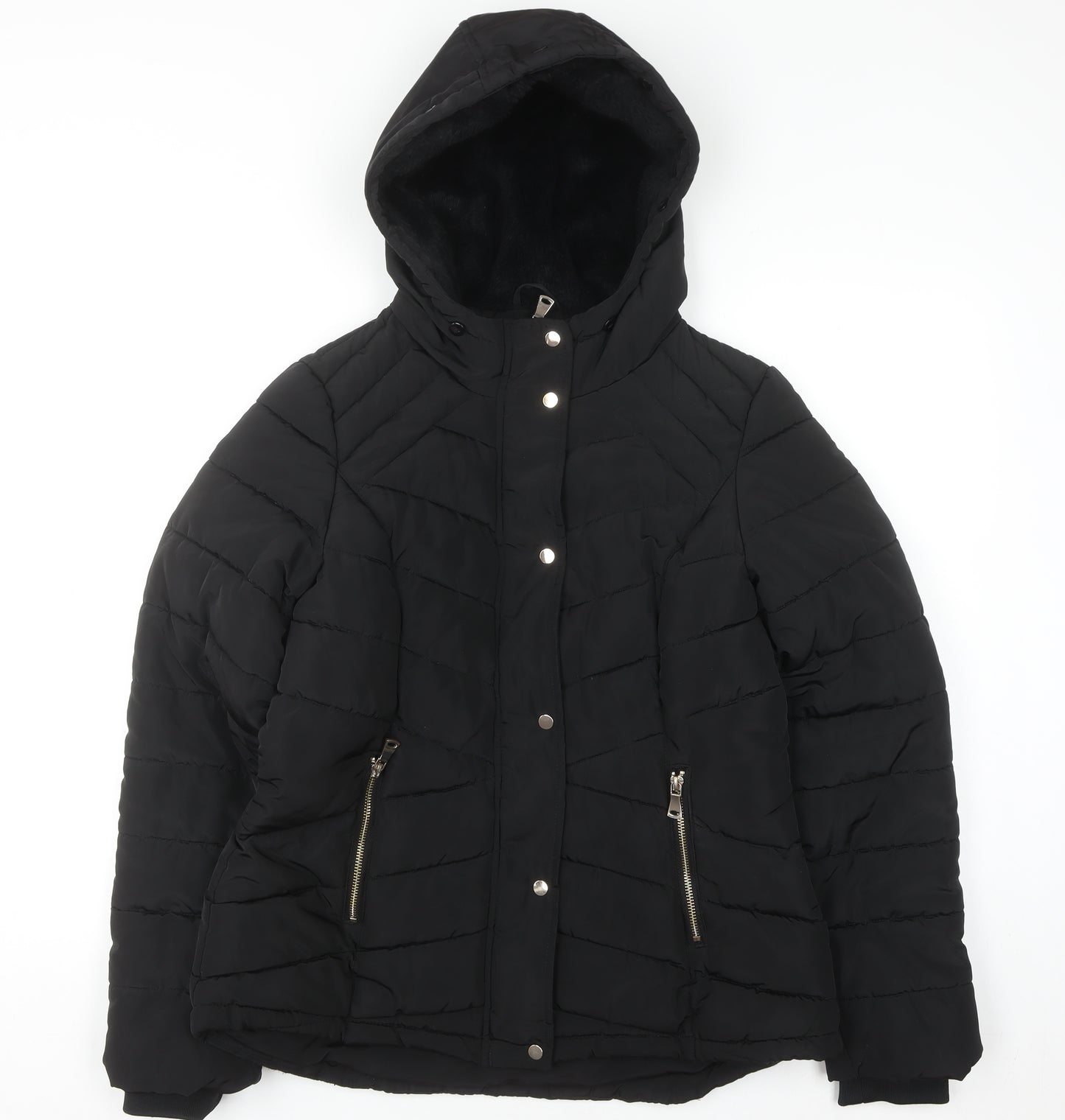 F&F Womens Black Hooded Puffer Jacket Size 12 Winter Coat