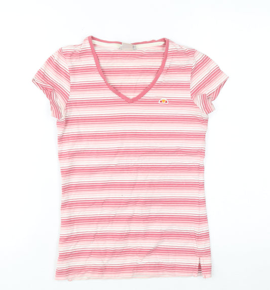 Ellesse Womens Pink Striped V-Neck Short Sleeve Cotton T-Shirt Size 8