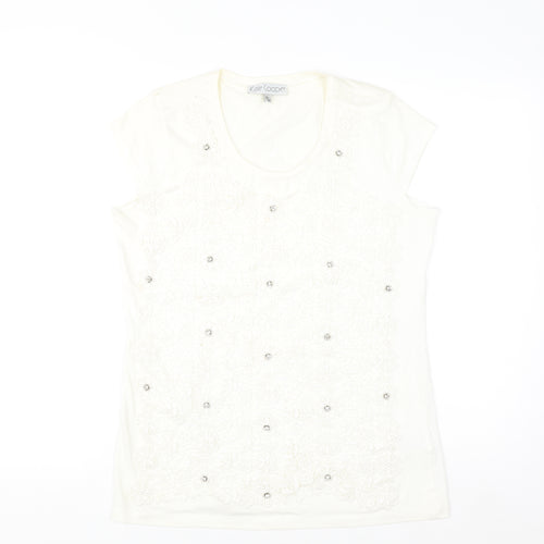 Kate Cooper Women's Ivory Floral Beaded Short Sleeve T-Shirt Size 16