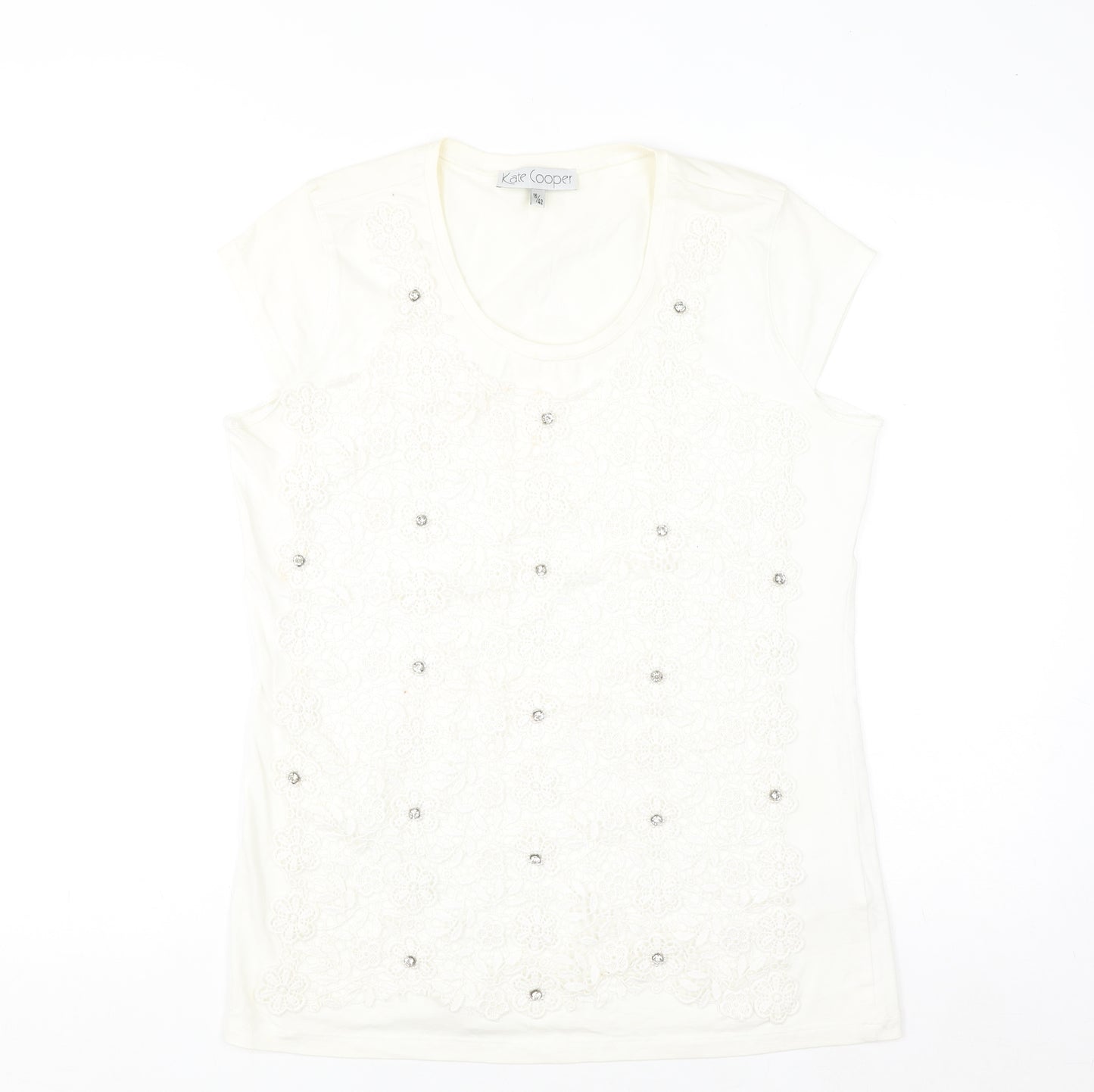 Kate Cooper Women's Ivory Floral Beaded Short Sleeve T-Shirt Size 16