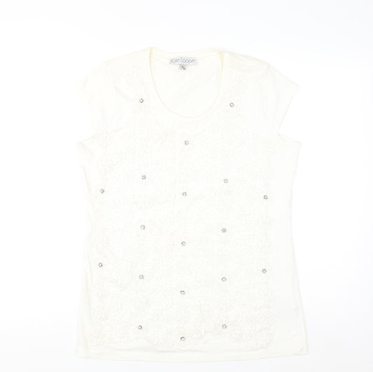 Kate Cooper Women's Ivory Floral Beaded Short Sleeve T-Shirt Size 16