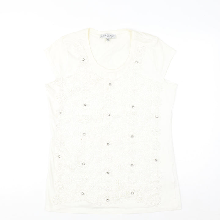 Kate Cooper Women's Ivory Floral Beaded Short Sleeve T-Shirt Size 16