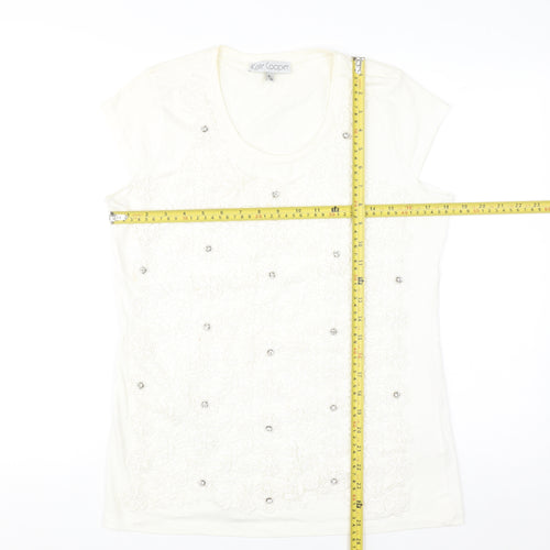Kate Cooper Women's Ivory Floral Beaded Short Sleeve T-Shirt Size 16