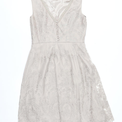 Monsoon Women Beige Size 10 Beaded Lace Fit & Flare Dress