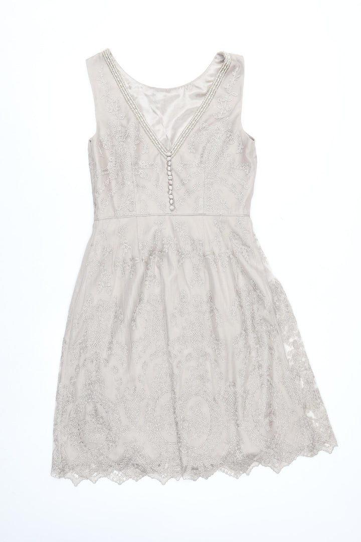 Monsoon Women Beige Size 10 Beaded Lace Fit & Flare Dress