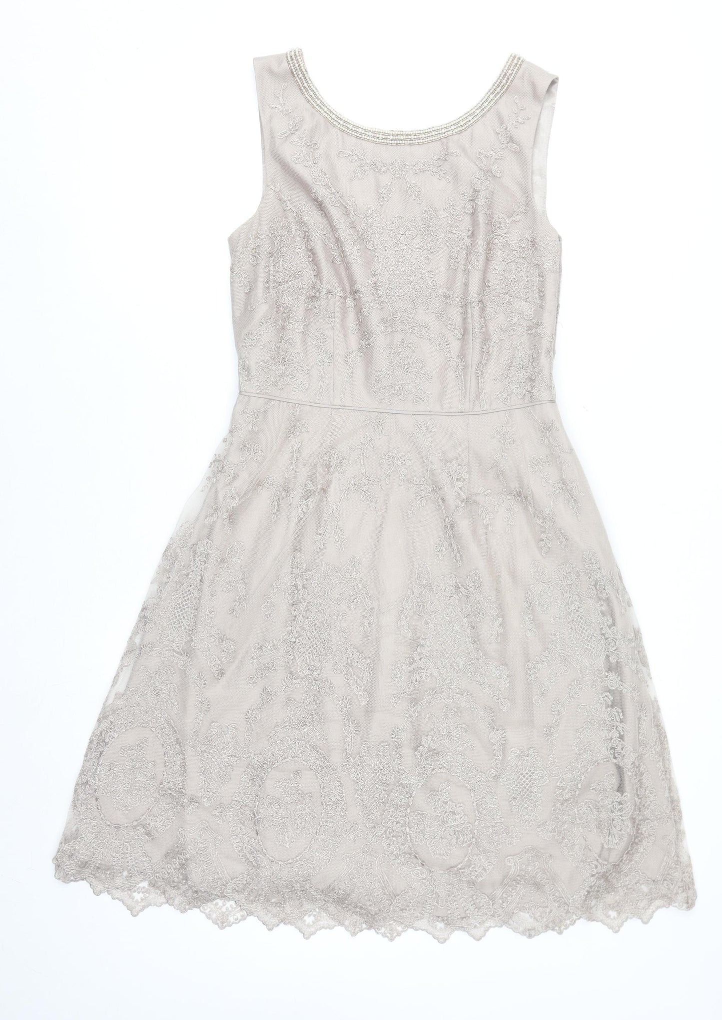 Monsoon Women Beige Size 10 Beaded Lace Fit & Flare Dress