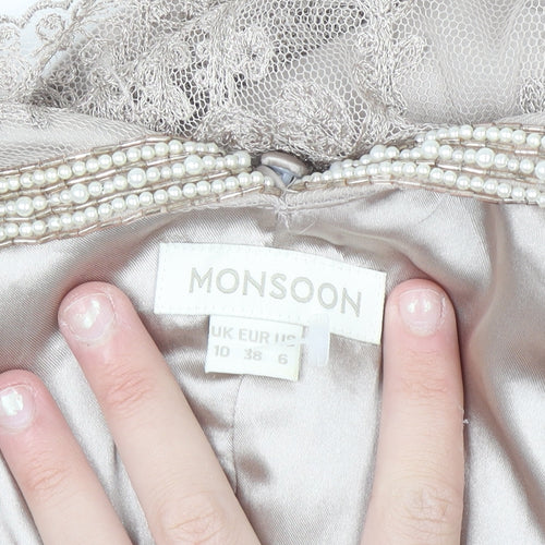 Monsoon Women Beige Size 10 Beaded Lace Fit & Flare Dress