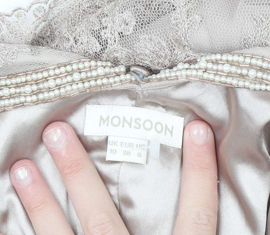 Monsoon Women Beige Size 10 Beaded Lace Fit & Flare Dress