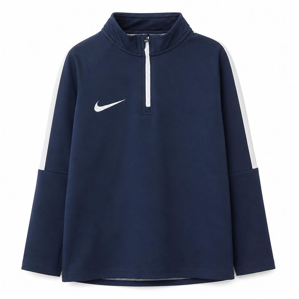 Front view of Nike boys’ blue dri-fit 1/4 zip training sweatshirt 6-8 years