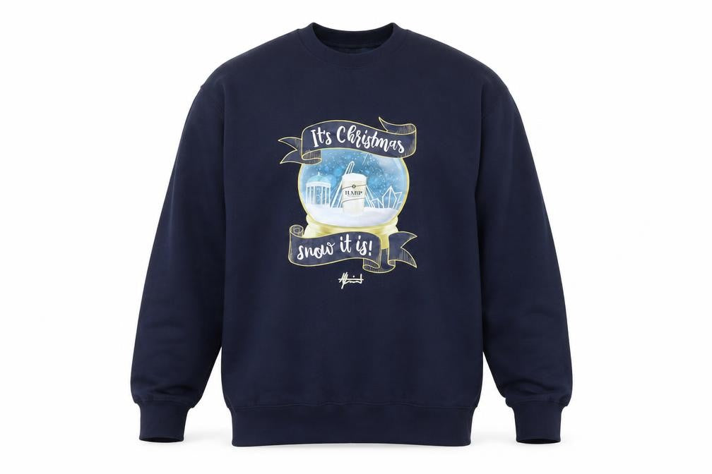 Front view of Harp Men's Blue Christmas Graphic Pullover Sweatshirt, size L