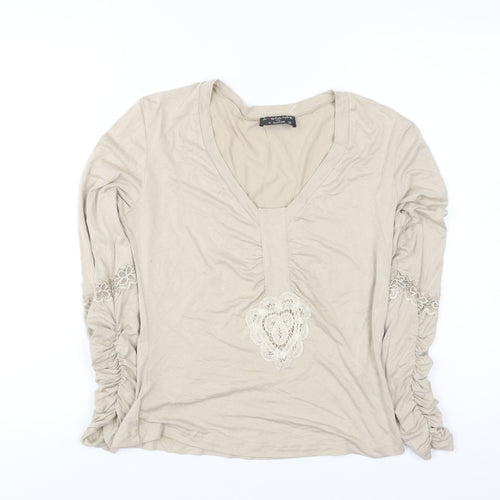 Absolute by Sorotos Women's Beige V-Neck Long Sleeve Stretch Blouse Size S