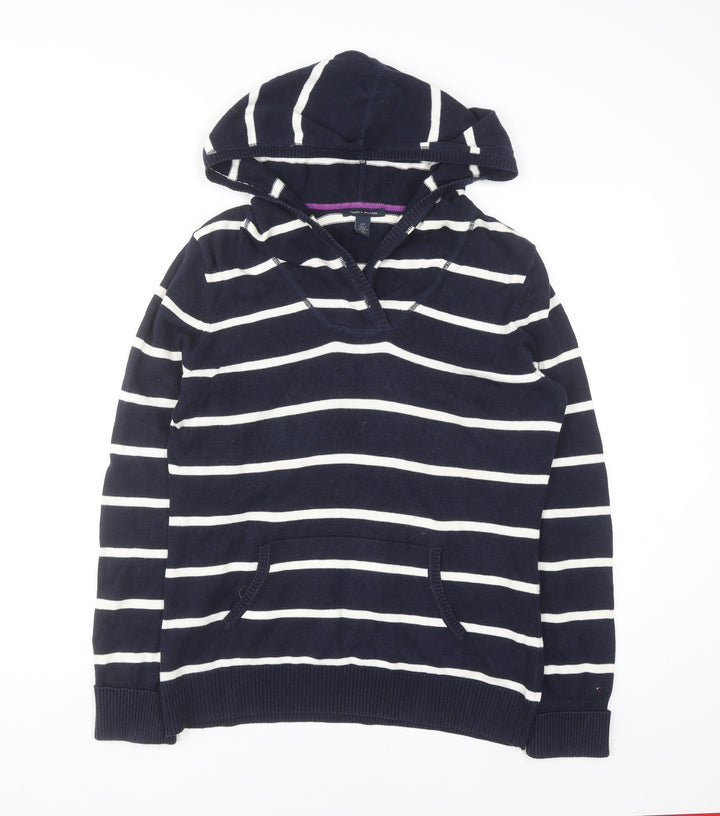 Tommy Hilfiger Women Navy Striped Cotton Pullover Hoodie Size L