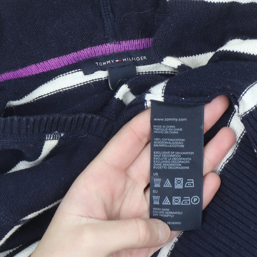 Tommy Hilfiger Women Navy Striped Cotton Pullover Hoodie Size L
