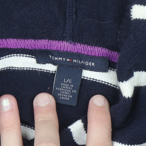 Tommy Hilfiger Women Navy Striped Cotton Pullover Hoodie Size L