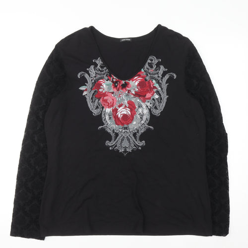 Gerry Weber Women Black Floral Embroidered V-Neck Long Sleeve Top Size 18