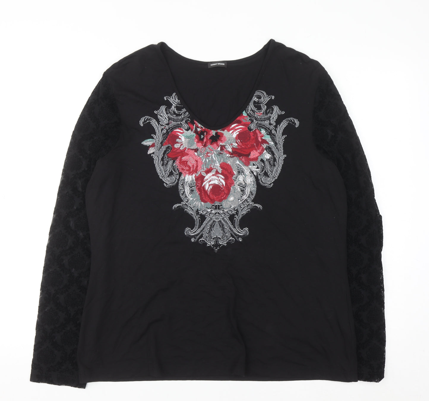 Gerry Weber Women Black Floral Embroidered V-Neck Long Sleeve Top Size 18