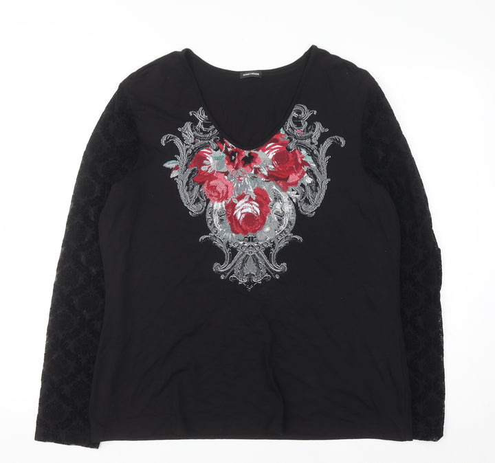 Gerry Weber Women Black Floral Embroidered V-Neck Long Sleeve Top Size 18