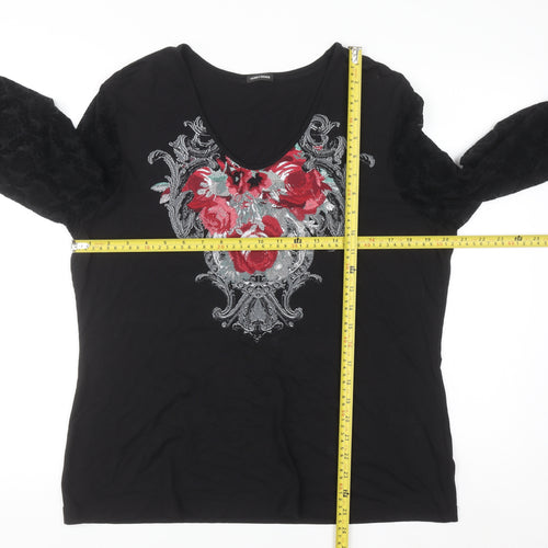 Gerry Weber Women Black Floral Embroidered V-Neck Long Sleeve Top Size 18