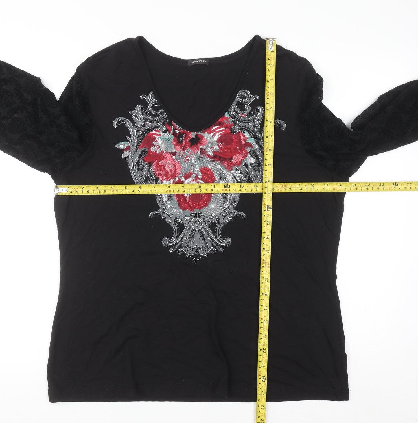 Gerry Weber Women Black Floral Embroidered V-Neck Long Sleeve Top Size 18