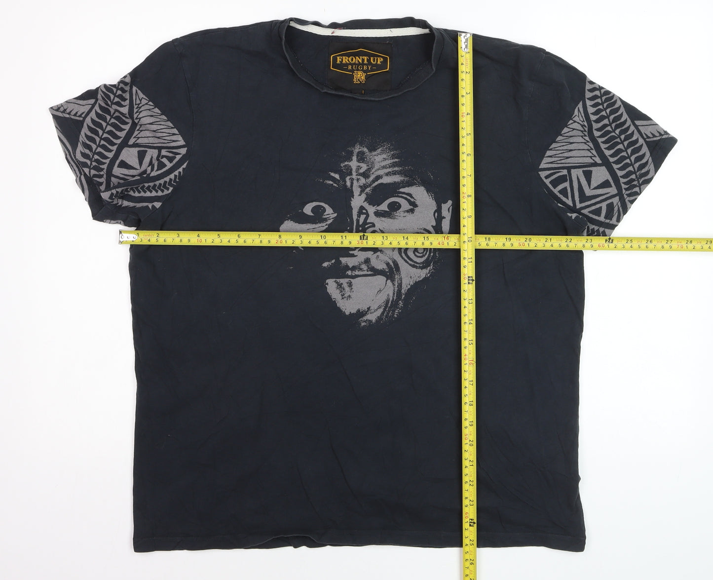 Front Up Rugby Men's Black Tribal Graphic Cotton T-Shirt L