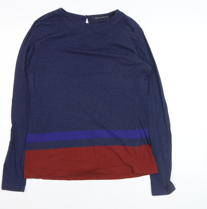 French Connection Men's Blue Colourblock Long Sleeve Cotton Top L