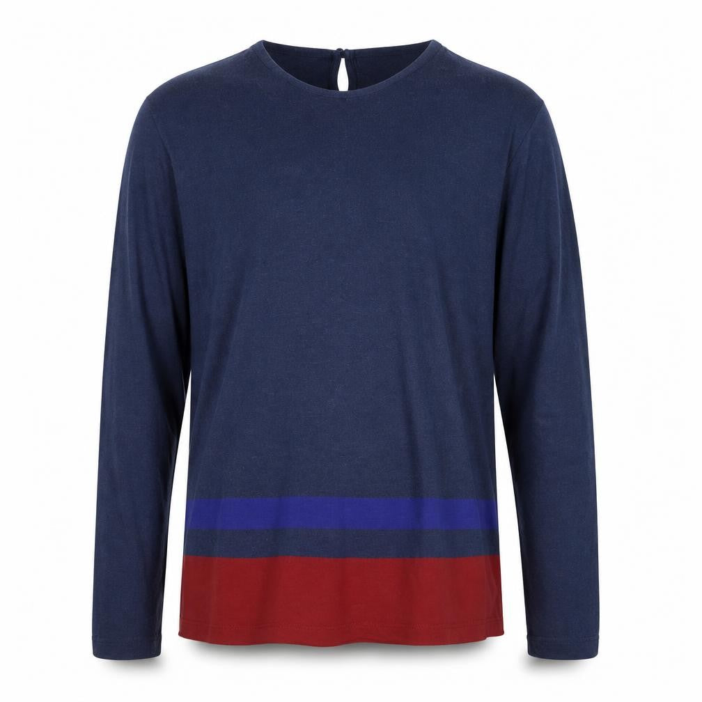 Front view of French Connection Men's Blue Colourblock Long Sleeve Cotton Top L