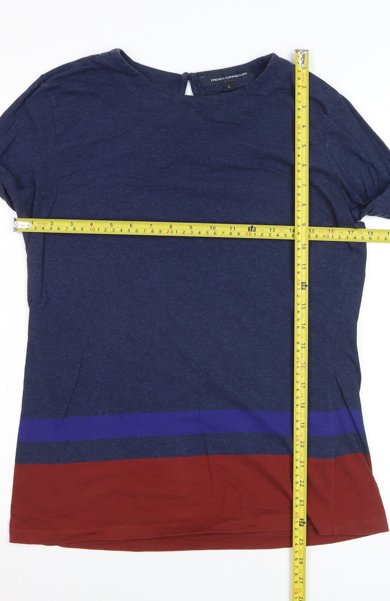 French Connection Men's Blue Colourblock Long Sleeve Cotton Top L
