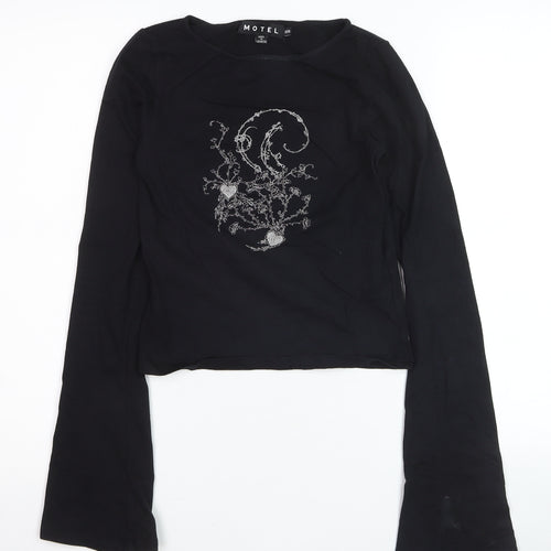 Motel Girls Black XXS Cropped Long Sleeve Graphic T-Shirt