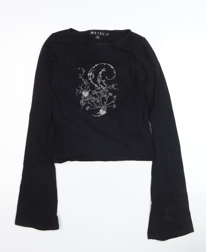 Motel Girls Black XXS Cropped Long Sleeve Graphic T-Shirt